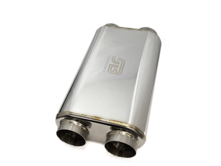 Stainless Bros 3in x 17in OAL SS304 Thin Oval Muffler (3in Dual In   3in Dual Out) - Polished Hot on Sale