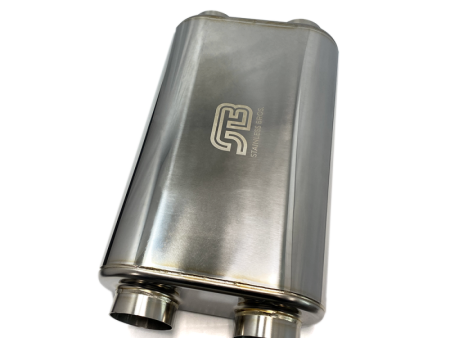 Stainless Bros 17in OAL 2.5in Thin Oval SS304 Polished Finish Muffler - 2.5in Dual In Dual Out For Sale