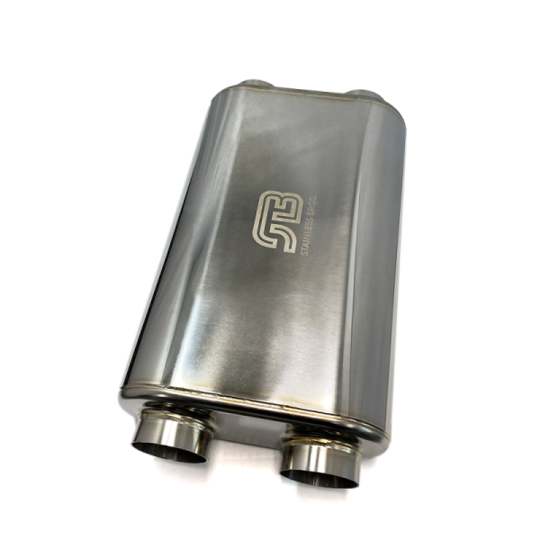 Stainless Bros 17in OAL 2.5in Thin Oval SS304 Polished Finish Muffler - 2.5in Dual In Dual Out For Sale