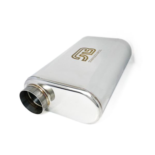 Stainless Bros 2.5in x 17in OAL SS304 Thin Oval Muffler (2.5in Offset In   2.5in Offset Out) on Sale